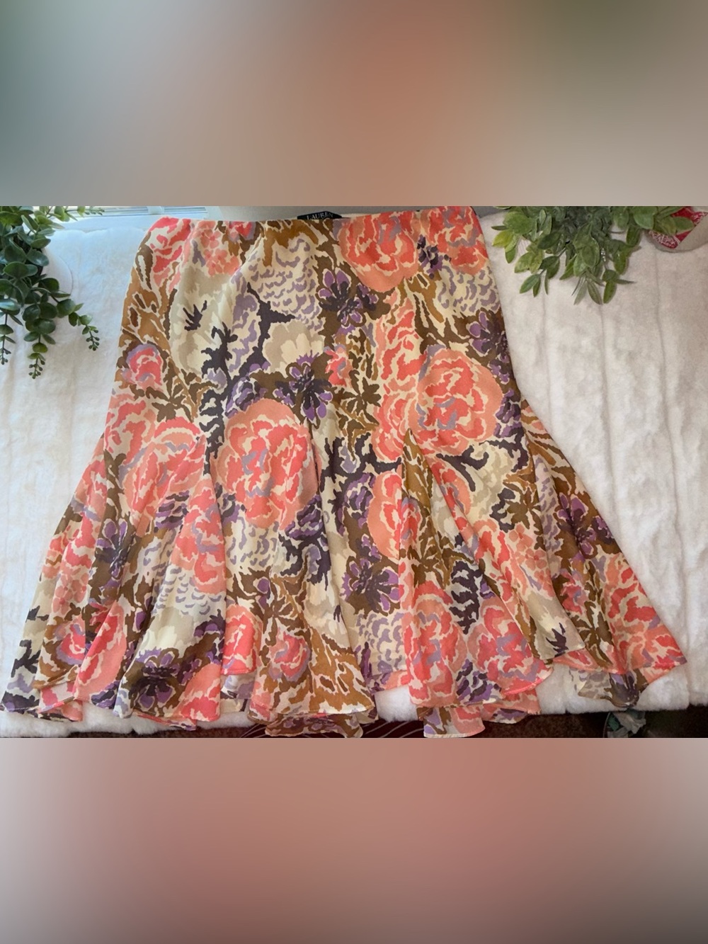 NEW - Ralph Lauren Coral, Purple & Brown A-Line Floral Skirt - Size PL